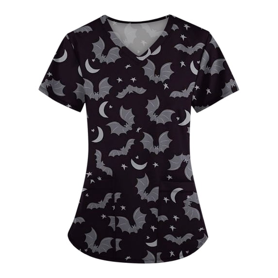 Women's Halloween Printed Scrub Tops V Neck Short Sleeve Nurse Work Uniform Funny Fall Pumpkin Print Scrub Top with Pockets Black XL