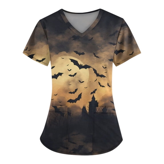 Women's Halloween Printed Scrub Tops V Neck Short Sleeve Nurse Work Uniform Funny Fall Pumpkin Print Scrub Top with Pockets Orange 3XL