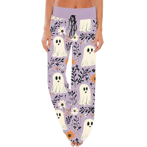 Women's Halloween Printed Wide Leg Pajama Pants Comfortable High Waist Drawstring Sleepwear Casual Wear For Fall And Spring