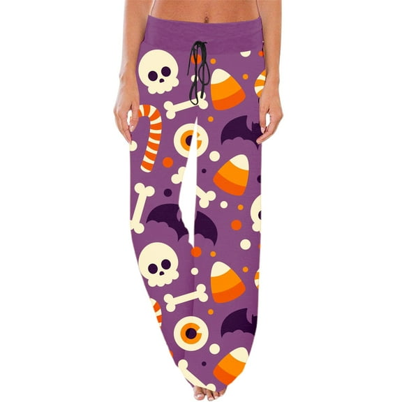 Women's Halloween Printed Wide Leg Pajama Pants High Waist Comfortable Drawstring Sleepwear For Fall And Spring Seasonal Loungewear