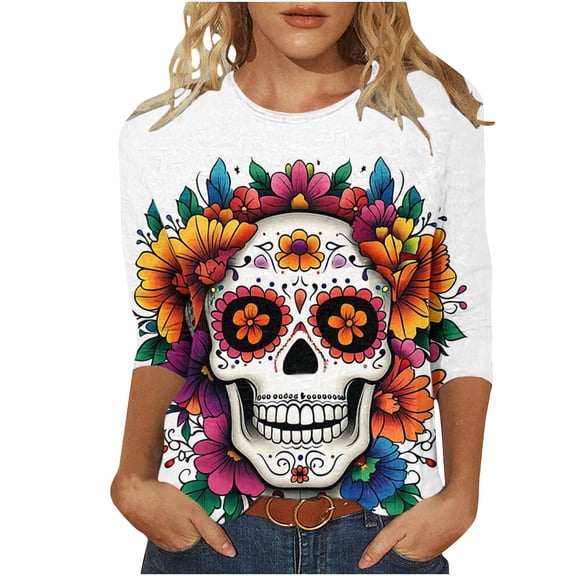 Women's Halloween Prints Shirt Crew Neck Long Sleeve Shirt Tops Basic Loose Fit Tunic Pullover Tee