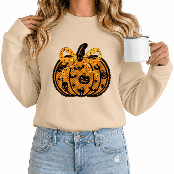 Women's Halloween Pumpkin Bow Graphic Sweatshirt Cute Crewneck Long Sleeve Pullover For Autumn Gatherings