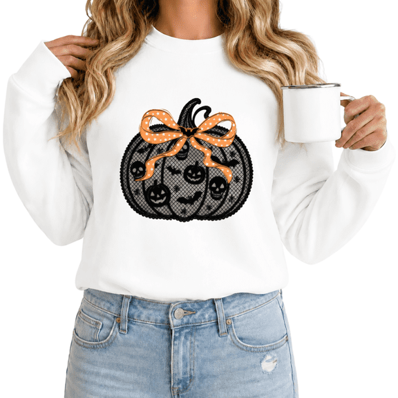 Women's Halloween Pumpkin Bow Print Sweatshirt Cute Spooky Festive Seasonal Crewneck Long Sleeve Shirt