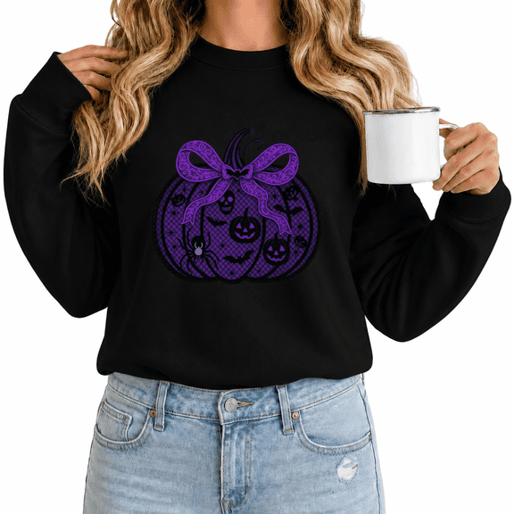 Women's Halloween Pumpkin Bow Print Sweatshirt Playful Purple Crewneck Long Sleeve Pullover For Parties