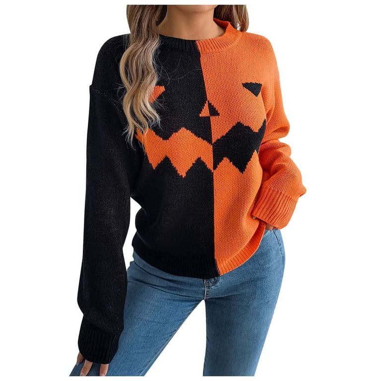 Women s Halloween Pumpkin Contrast Color Knitted Long Sleeved Pullover Sweater