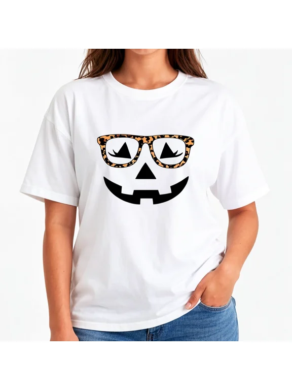 Women's Halloween Pumpkin Face Graphic T-Shirt, Leopard Glasses Cotton Crew Neck Casual Tee