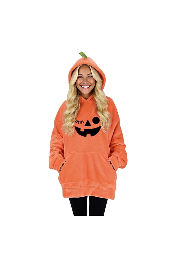 Women's Halloween Pumpkin Face Long Sleeve Hooded Sweatshirts Lightweight Casual Pullover Tops