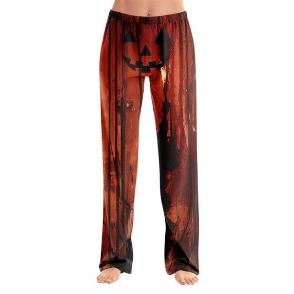 Women's Halloween Pumpkin Face Lounge Pants, Soft Elastic Waist Pajama Bottoms, Spooky Sleepwear for Fall and Holiday Parties,Black L