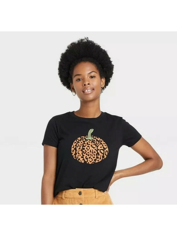 Women's Halloween Pumpkin Leopard Print Logo Short Sleeve Graphic T-Shirt - (2X, Black)