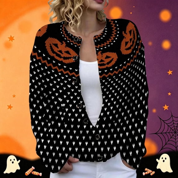 Women's Halloween Pumpkin Open Front Cardigan Button Kint Sweater, Loose Long Sleeve Sweater for Fall Halloween Daily Outfits(Black,XXXXL)