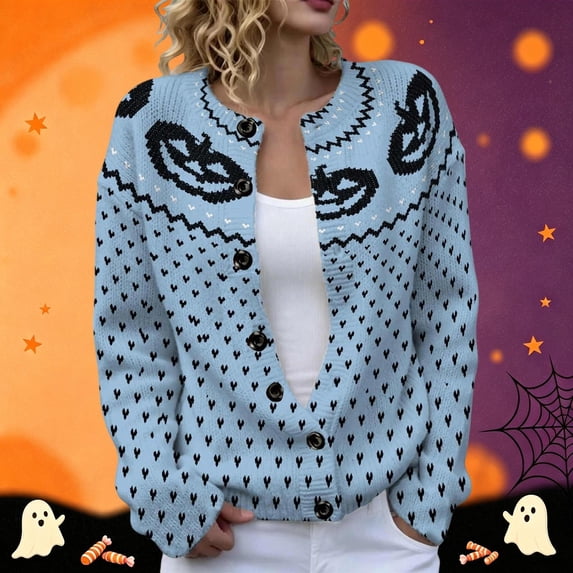 Women's Halloween Pumpkin Open Front Cardigan Button Kint Sweater, Loose Long Sleeve Sweater for Fall Halloween Daily Outfits(Light Blue,XXXXXL)