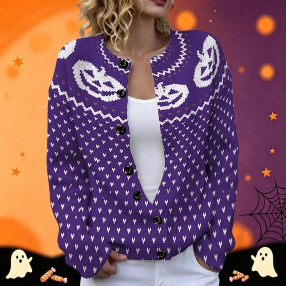 Women's Halloween Pumpkin Open Front Cardigan Button Kint Sweater, Loose Long Sleeve Sweater for Fall Halloween Daily Outfits(Purple,L)