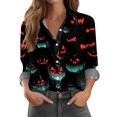 thumbnail image 1 of Women's Halloween Pumpkin Print Button Down Shirt, Long Sleeve Casual Blouse, Festive Holiday Tops for Party and Daily Wear, 1 of 5