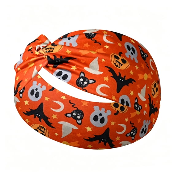Women's Halloween Pumpkin Print Headband, Wide Knotted Hair Band with Gothic Jack O Lantern Pattern, Fashion Head Wrap for Halloween Party Costume Accessories