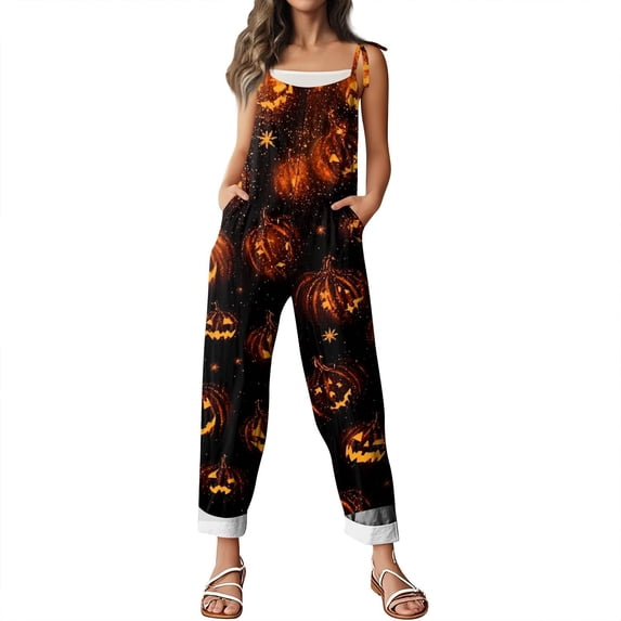 Women’s Halloween Pumpkin Print Jumpsuits, Loose‑Fit Lightweight Casual Overalls Rompers