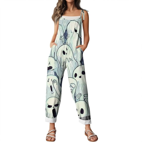 Women’s Halloween Pumpkin Print Jumpsuits, Loose‑Fit Lightweight Casual Overalls Rompers