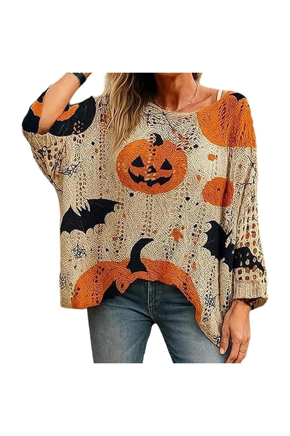 Women's Halloween Pumpkin Print Knit Top, Witchy Cozy Vibes  Halloween Pumpkin Knit Sweater, Bat Witch Pullover XXL