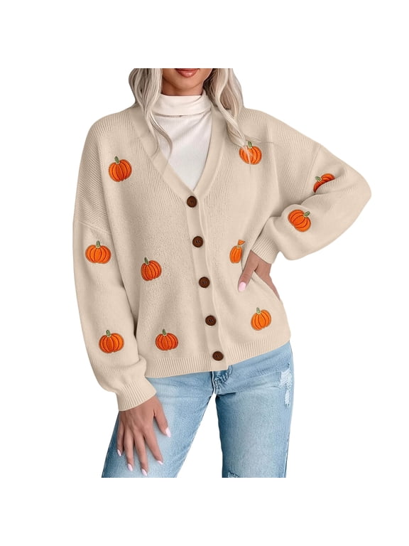 Women's Halloween Pumpkin Print Loose Fit Open Front Button Down Long Sleeve Knit Cardigan Sweater Jacket, Soft Breathable Skin-Friendly Fall Winter Outerwear for Halloween Cosplay Daily Beige