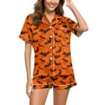 thumbnail image 1 of Women’s Halloween Pumpkin Print Pajama Set, Short Sleeve Button Down Top and Shorts, Soft Sleepwear Loungewear, 1 of 4