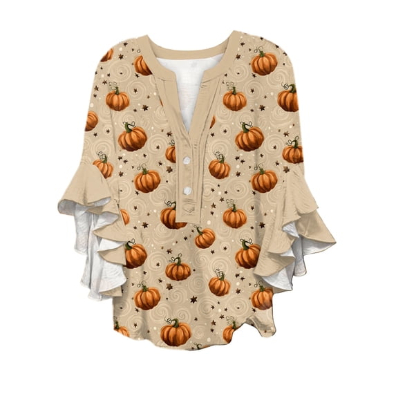 Women's Halloween Pumpkin Print Ruffle Sleeve Blouse, Festive Button Down Top for Parties, Comfortable Loose Fit Shirt Halloween Tops for Women