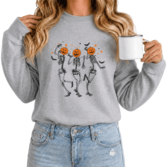 Women's Halloween Pumpkin Skeleton Graphic Sweatshirt Playful Crewneck Pullover Festive Long Sleeve Shirt