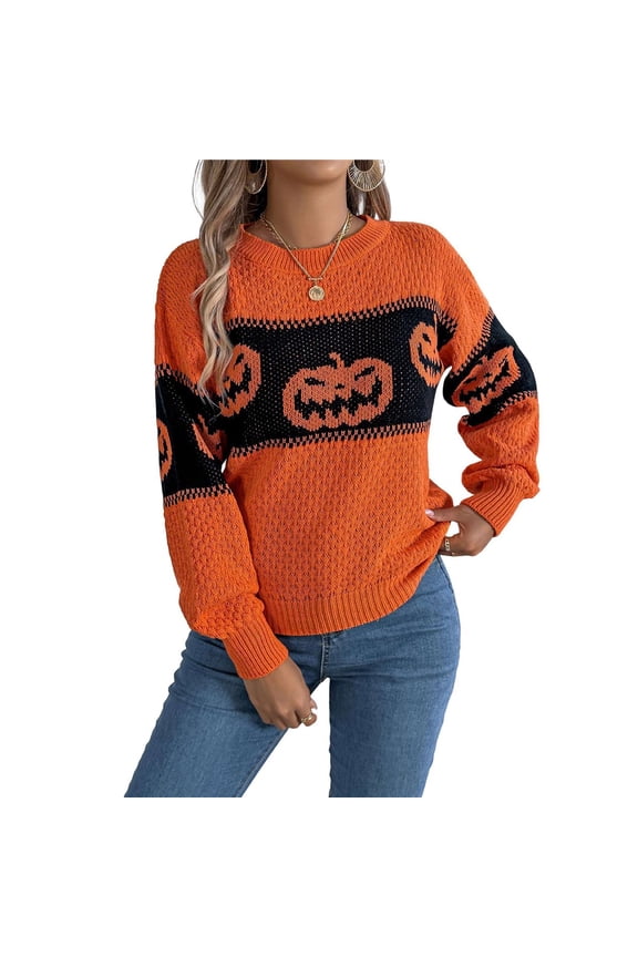 Women's Halloween Pumpkin Sweater Crewneck Knitted Long Sleeve Pullover Tops Fall Winter Orange M