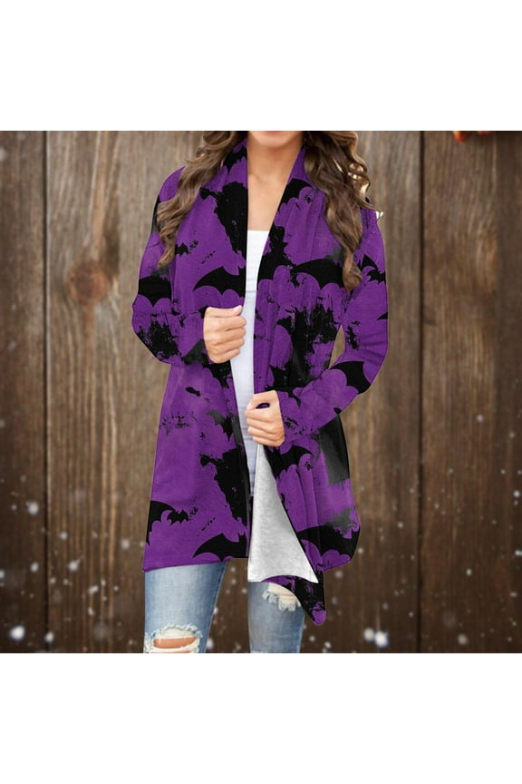 Women's Halloween Purple Bat Print Cardigan Long Sleeve Open Front Loose Fit Gothic Spooky Season Knit Sweater Casual Lightweight Outerwear Trendy Fall Holiday Tops For Women Purple Women Top