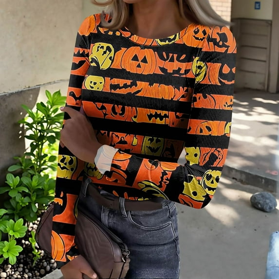 Women's Halloween Rib Knit Tops Plus Size V Neck Ribbed Long Sleeve Halloween Shirts Funny Pumpkin Baw Print Slim Fitted Tees