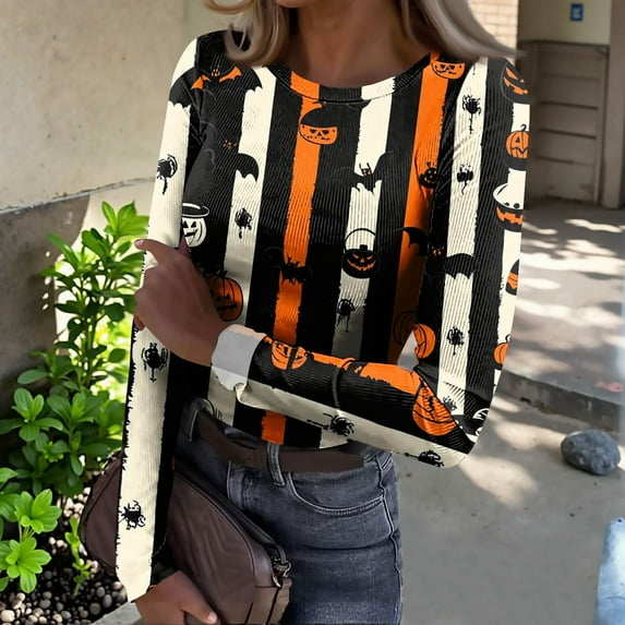 Women's Halloween Rib Knit Tops Plus Size V Neck Ribbed Long Sleeve Halloween Shirts Funny Pumpkin Baw Print Slim Fitted Tees