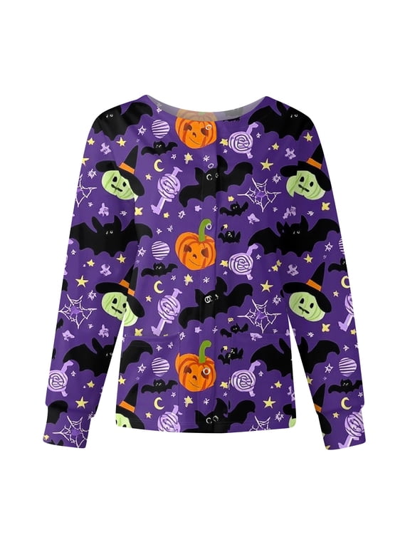 Women’s Halloween Scrub Jacket Long Sleeve Button Front Nursing Work Top Seasonal Caregiver Uniform for Clinic Office