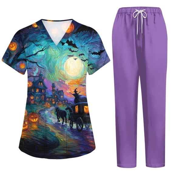 Women’s Halloween Scrub Set, V-Neck Short Sleeve Top & Jogger Pants, Quick Dry Medical Uniform with Pockets for Nurses, Cyan, XXL