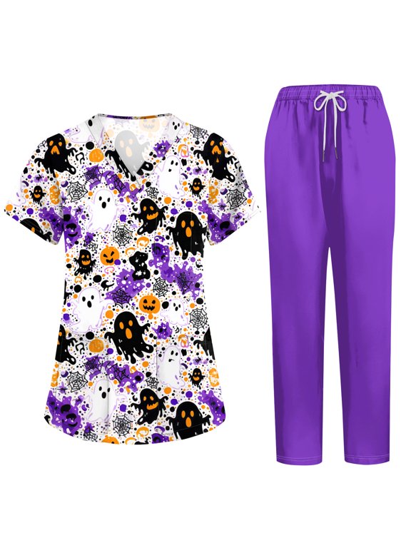 Women’s Halloween Scrub Set, V-Neck Short Sleeve Top & Jogger Pants, Quick Dry Medical Uniform with Pockets for Nurses, Purple, M