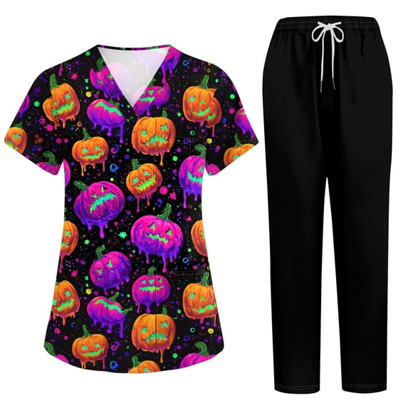 Women’s Halloween Scrub Set, V-Neck Short Sleeve Top & Jogger Pants, Quick Dry Medical Uniform with Pockets for Nurses, Purple, XXL
