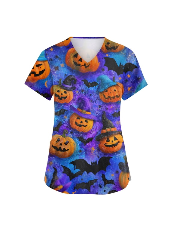 Women's Halloween Scrub Top V-Neck Short Sleeve Side Split With Pockets, 14 Colors 02-Blue 4XL