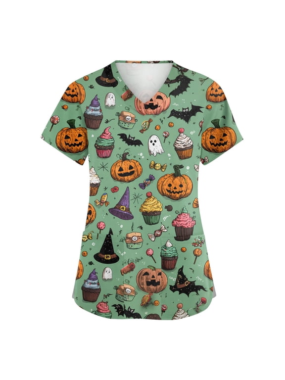 Women's Halloween Scrub Top V-Neck Short Sleeve Side Split With Pockets, 14 Colors 02-Mint Green L