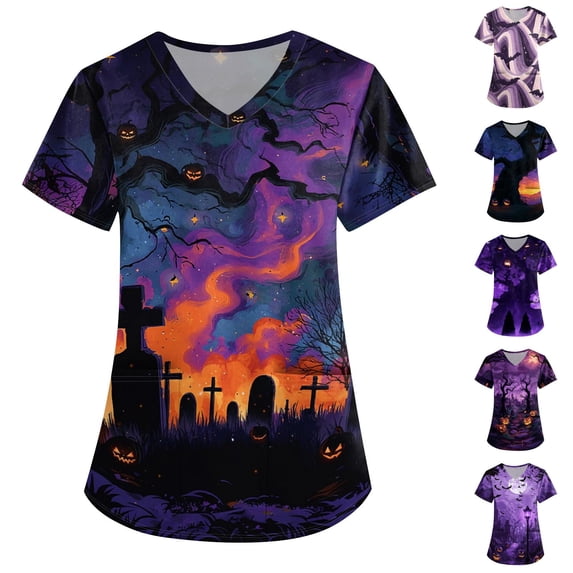 Women's Halloween Scrub Top Witch Hat Pumpkin Print Short Sleeve Novelty Scrub Shirts Skeleton Graphic V-Neck Medical Uniforms with Pockets 2XL