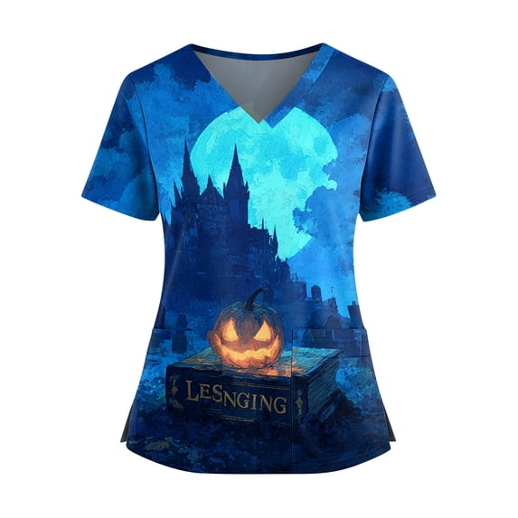Women's Halloween Scrub Tops Bat Candy Short Sleeve Spooky Medical Uniform Skull Ghost Funny V Neck Medical Scrubs, 4XL