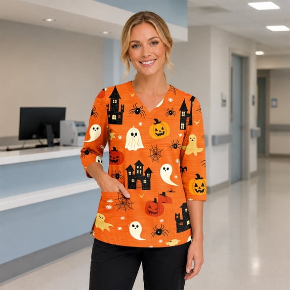 Women's Halloween Scrub Tops Bat Skeleton 3/4 Sleeve Spooky Medical Scrubs Ghost Spider V Neck Funny Medical Uniform, 3XL
