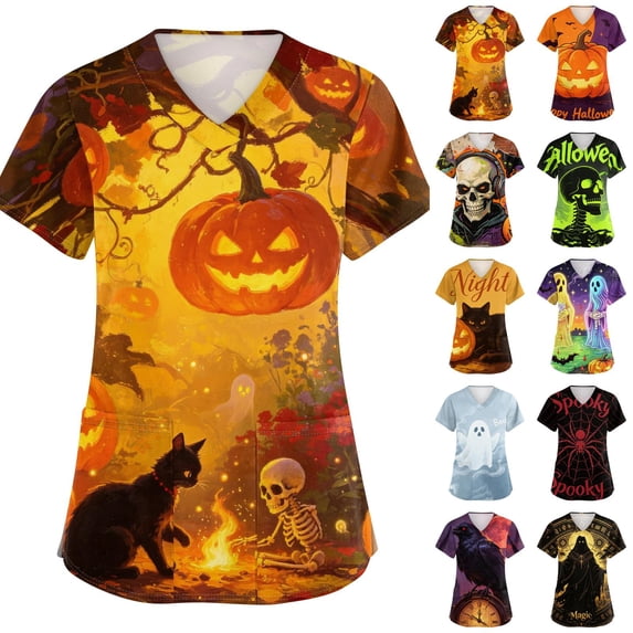 Women's Halloween Scrub Tops Bat Spider Graphic V-Neck Vintage Holiday Scrubs Top Skeleton Print Short Sleeve Spooky Medical Scrub Shirts with Pockets 5XL