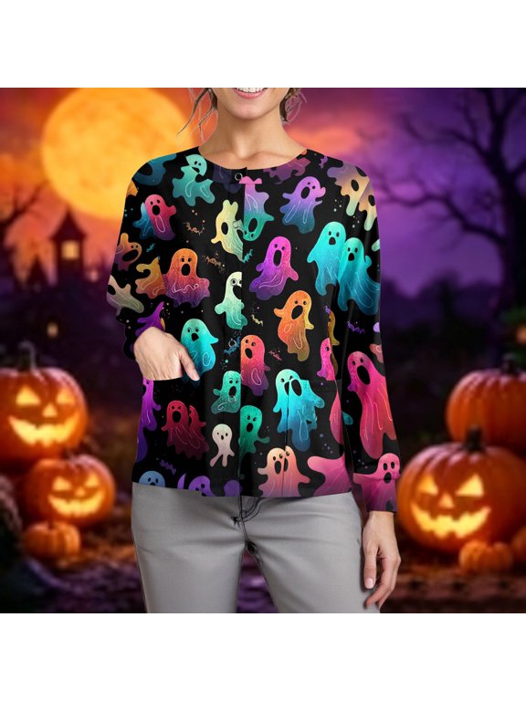 Women's Halloween Scrub Tops Candy Castle Long Sleeve Funny Medical Uniform Witch Hat Ghost Spooky Button Down Medical Scrubs, 2XL