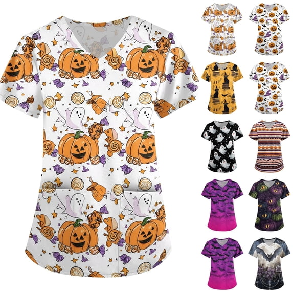 Women's Halloween Scrub Tops Candy Pumpkin Print V-Neck Vintage Holiday Scrubs Top Witch Hat Graphic Short Sleeve Horror Medical Scrub Shirts with Pockets 5XL