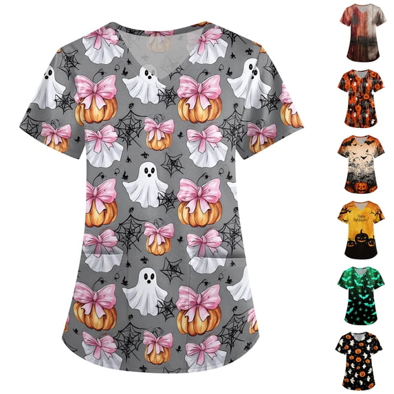 Women's Halloween Scrub Tops Ghost Pumpkin Print V-Neck Horror Medical Scrub Shirts Castle Graphic Short Sleeve Funny Holiday Scrubs Top with Pockets 3XL