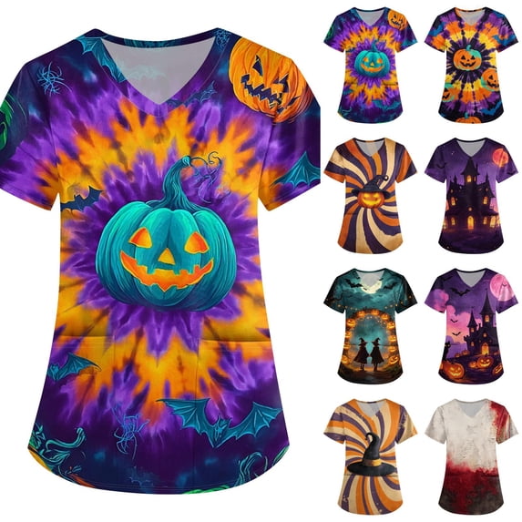 Women's Halloween Scrub Tops Pumpkin Ghost Graphic V-Neck Horror Holiday Scrubs Top Skeleton Print Short Sleeve Vintage Medical Scrub Shirts with Pockets XL