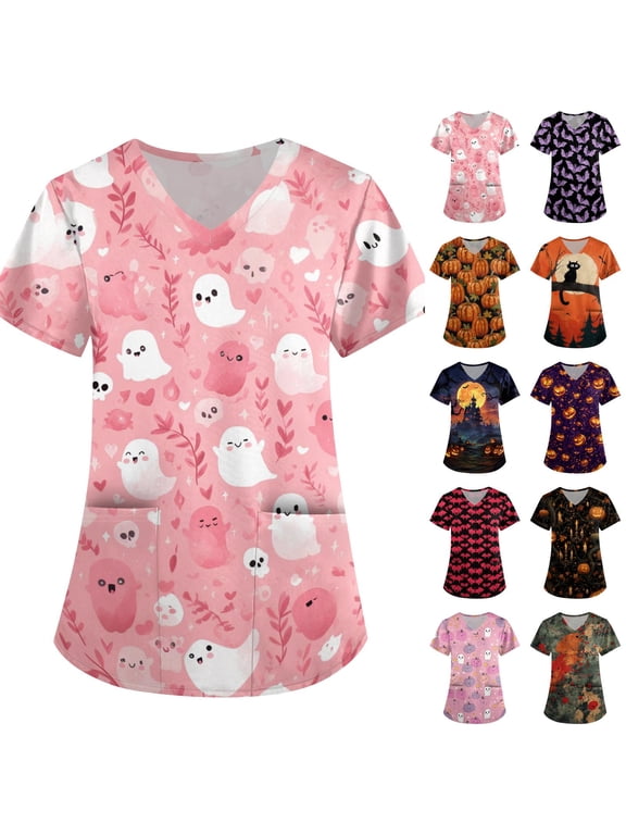 Women's Halloween Scrub Tops Skeleton Pumpkin Print V-Neck Casual Holiday Scrubs Top Ghost Graphic Short Sleeve Vintage Medical Scrub Shirts with Pockets 3XL