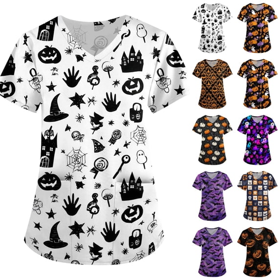 Women's Halloween Scrub Tops Spider Castle Print Short Sleeve Cute Medical Scrub Shirts Pumpkin Graphic V-Neck Casual Holiday Scrubs Top with Pockets 2XL