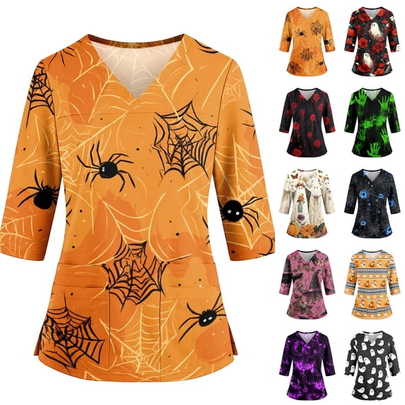 Women's Halloween Scrub Tops Spider Skeleton Ghost Pumpkin Candy Witch hat Bat 3/4 Sleeve Pockets Fall Scrub Tops V Neck Nurse Shirt Casual Cute Nursing Scrubs XL