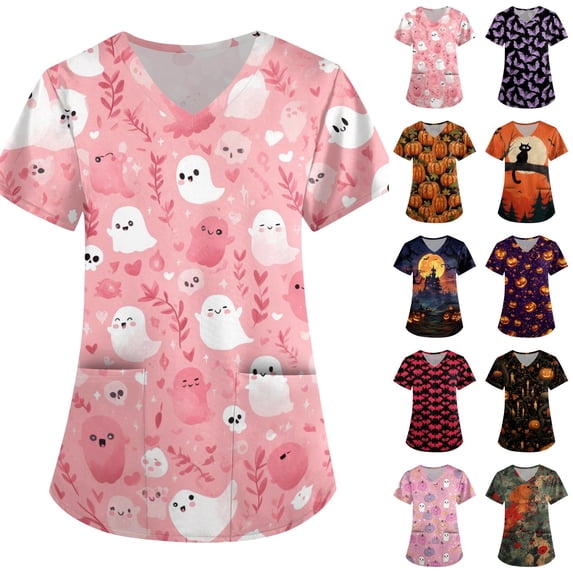 Women's Halloween Scrub Tops Spider Skeleton Graphic Short Sleeve Vintage Holiday Scrubs Top Castle Print V-Neck Horror Medical Scrub Shirts with Pockets M