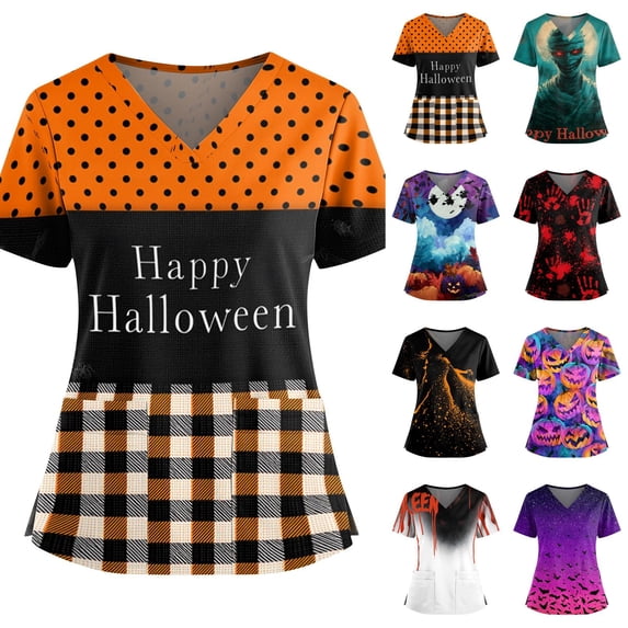 Women's Halloween Scrub Tops Spider Witch Hat Graphic V-Neck Funny Medical Scrub Shirts Bat Print Short Sleeve Spooky Holiday Scrubs Top with Pockets 3XL