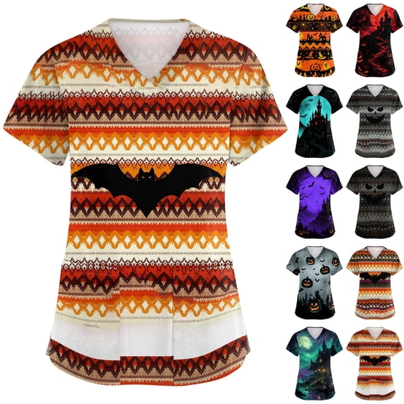 Women's Halloween Scrub Tops Witch Hat Bat Print V-Neck Spooky Medical Scrub Shirts Pumpkin Graphic Short Sleeve Vintage Holiday Scrubs Top with Pockets S