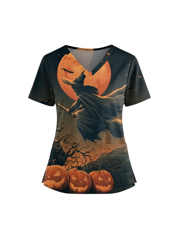 Women's Halloween Scrubs Healthcare Top, Moisture-Wicking Stretch Scrub Shirts, 02-Black XL